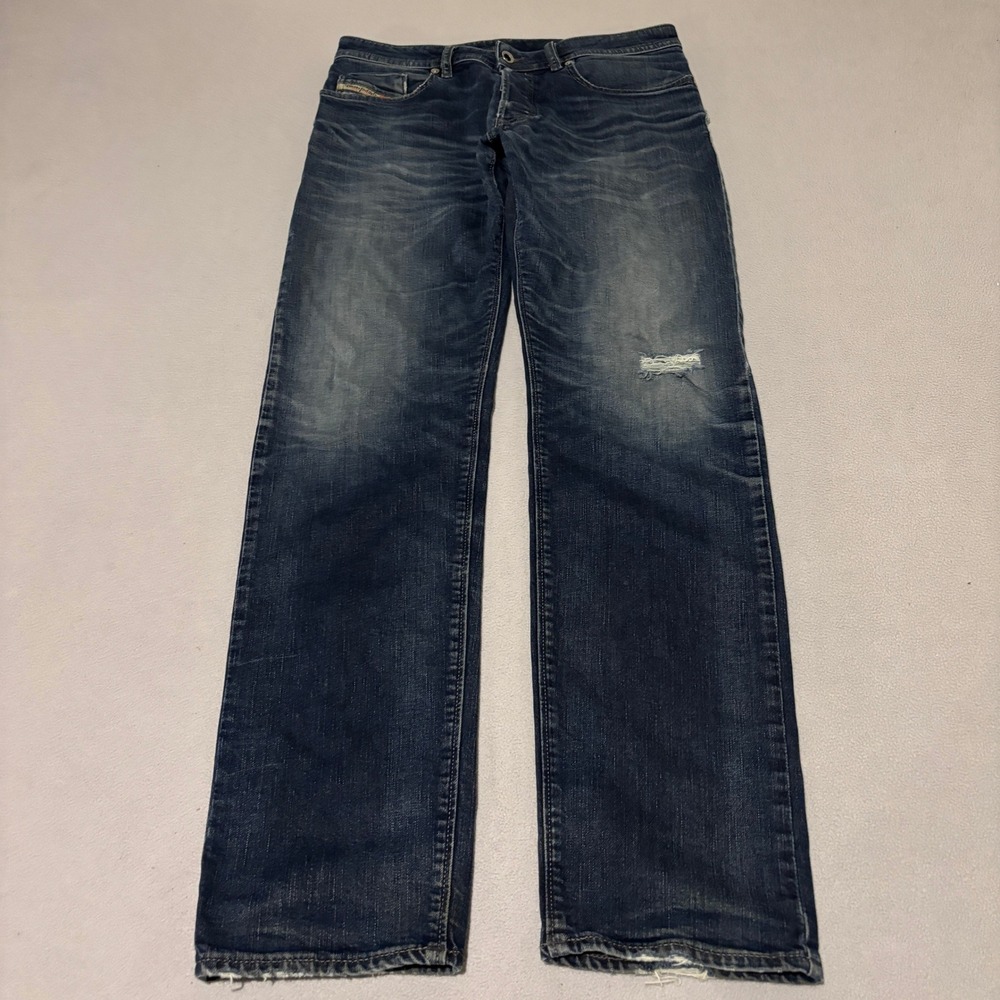 Diesel Buster Mens Regular Slim Tapered Size 30 Dark Wash Distressed Jeans